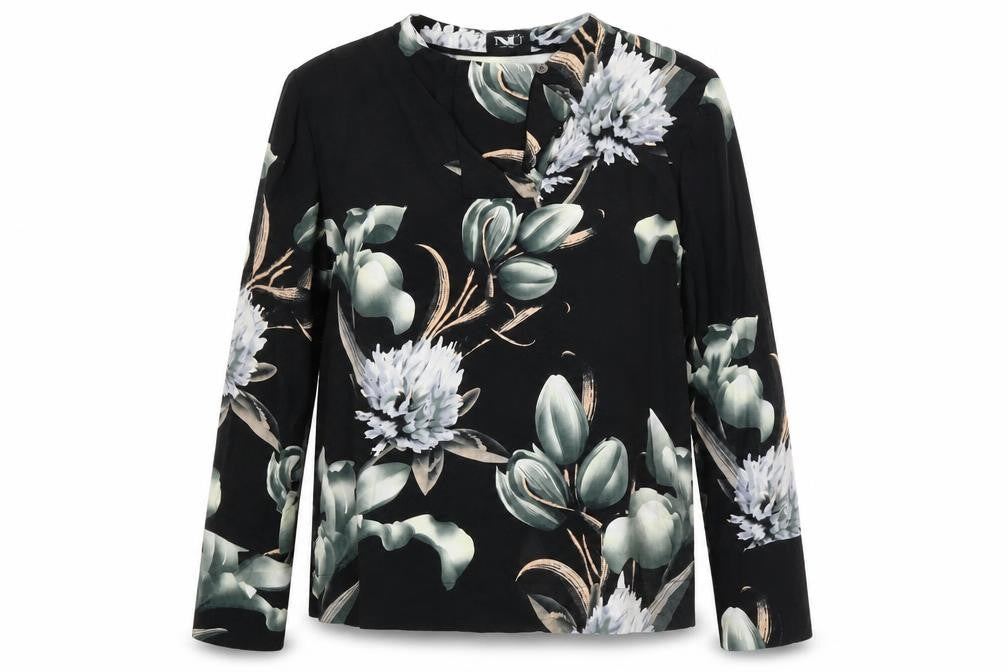 Front view of NU women’s gold floral basic blouse, size L