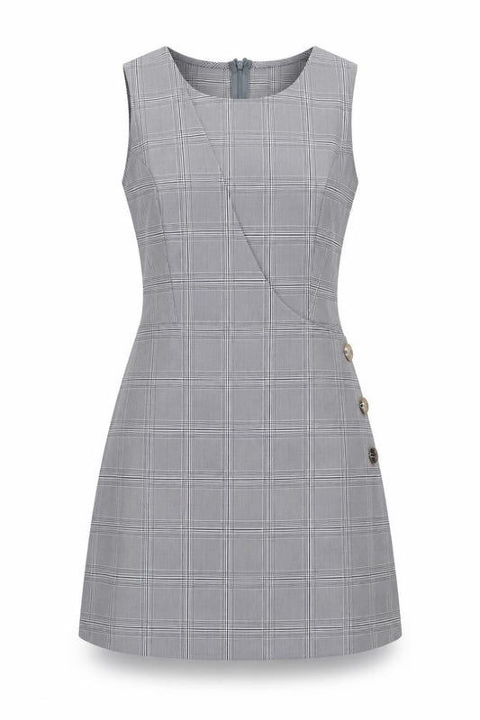 Front view of voyelles women’s grey check a-line, size S
