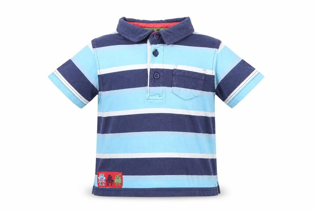 Front view of Tu boys’ blue striped basic polo, size 12-18, months