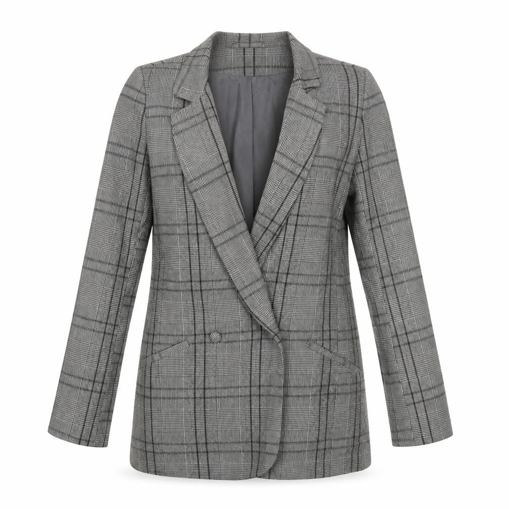 Front view of VILA women’s grey plaid jacket suit jacket, size XS