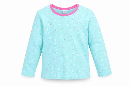 Front view of Mini Club girls’ blue basic t-shirt, size 5, years - snowflake