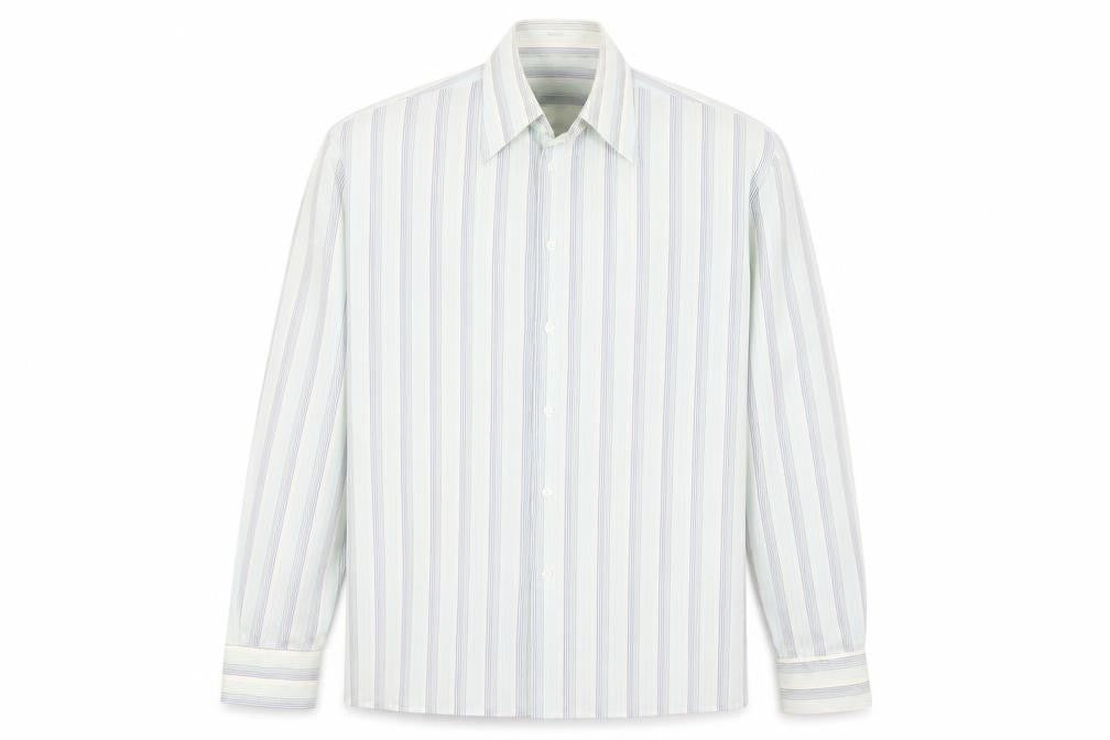 Front view of Preworn men’s blue striped button-up, size L