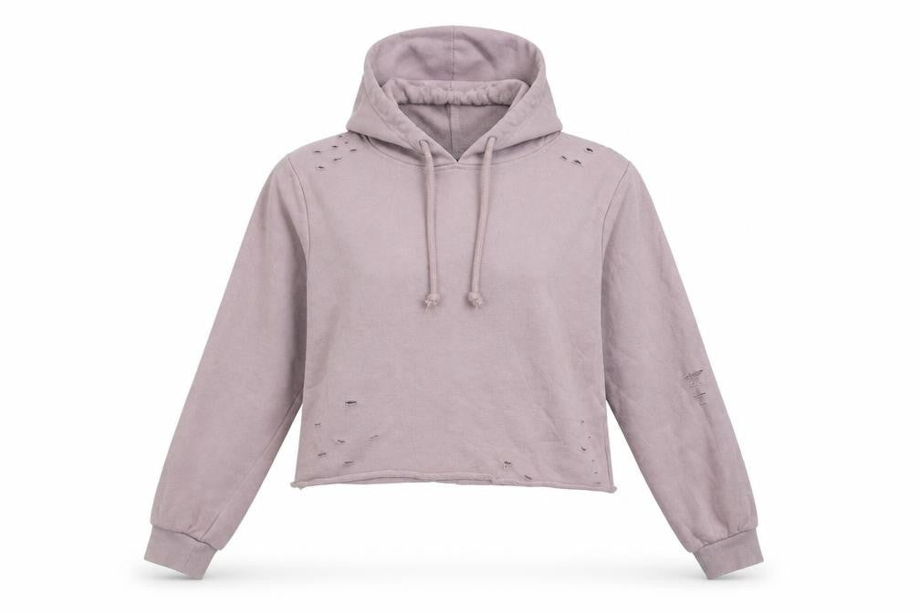 Front view of Primark women’s purple pullover hoodie, size UK 6, - cropped distressed