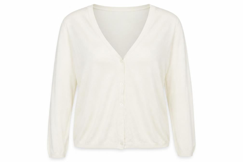 Front view of R women’s ivory cardigan jumper, size UK 18