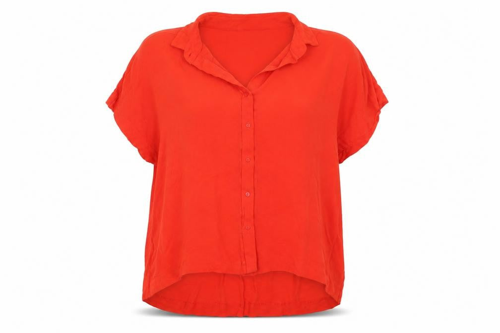 Front view of H&M women’s red basic button-up, size UK 12