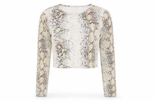 Front view of PRETTYLITTLETHING women’s white animal print cropped t-shirt, size UK 10
