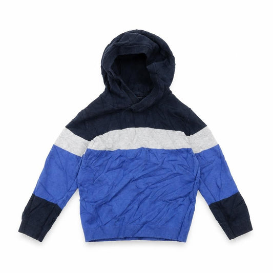 Front view of Next boys’ blue striped pullover hoodie, size 4, years