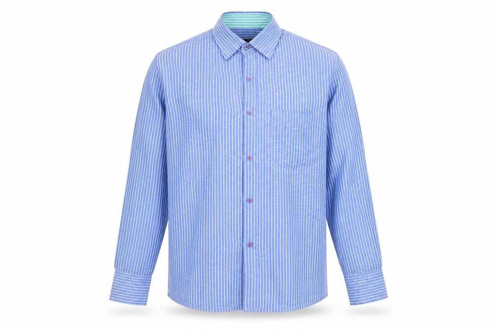 Front view of blue park men’s blue striped button-up, size 40