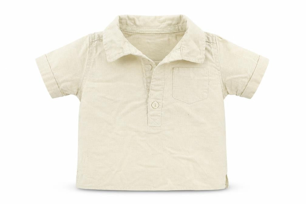 Front view of M&Co boys’ beige basic dress shirt, size 6-9, months