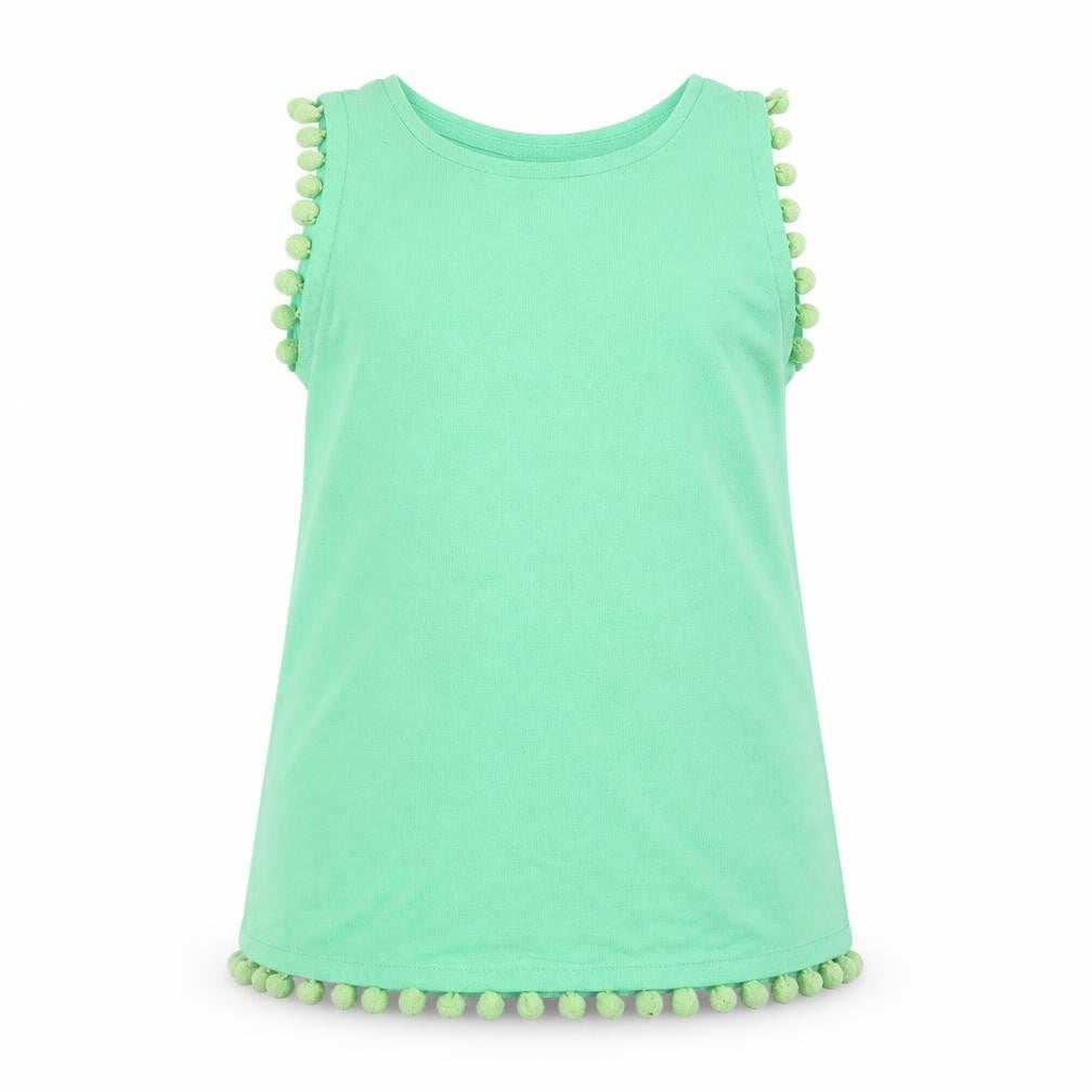 Matalan Girls Green   Basic Tank Size 11 Years  - pom pom detail