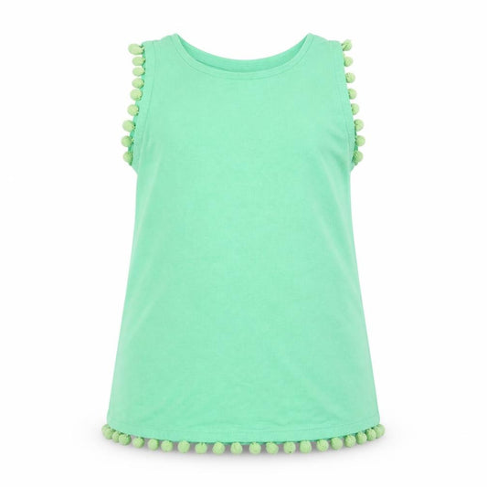 Front view of Matalan girls’ green basic tank, size 11, years - pom pom detail