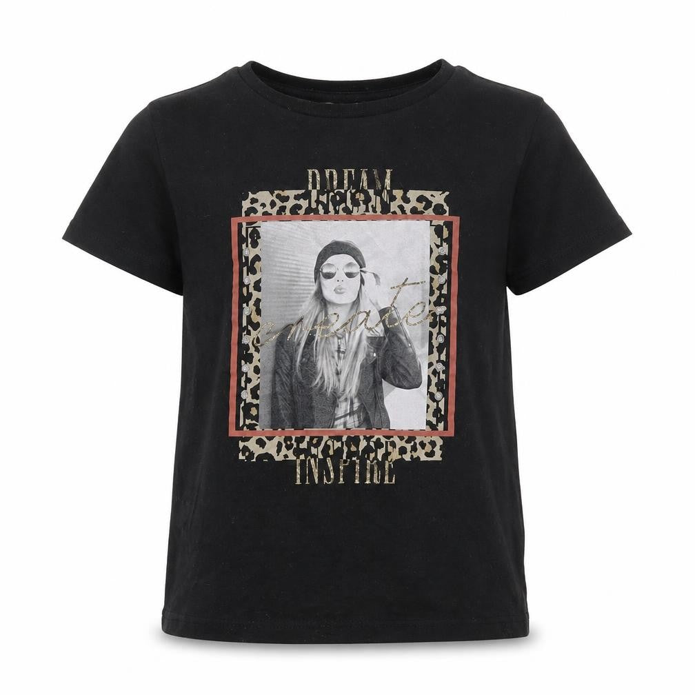 Front view of MISS girls’ black basic t-shirt, size 9-10, years