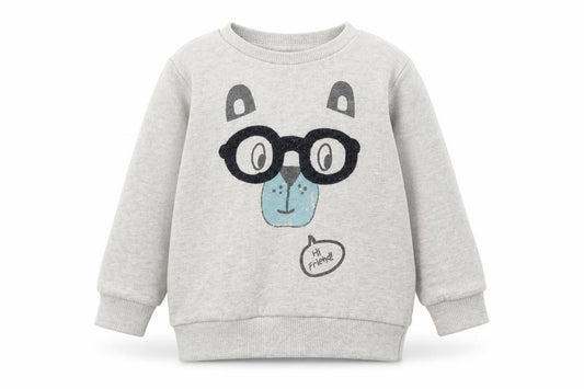 Front view of Babaluno boys’ grey animal print jumper, size 12-18, months