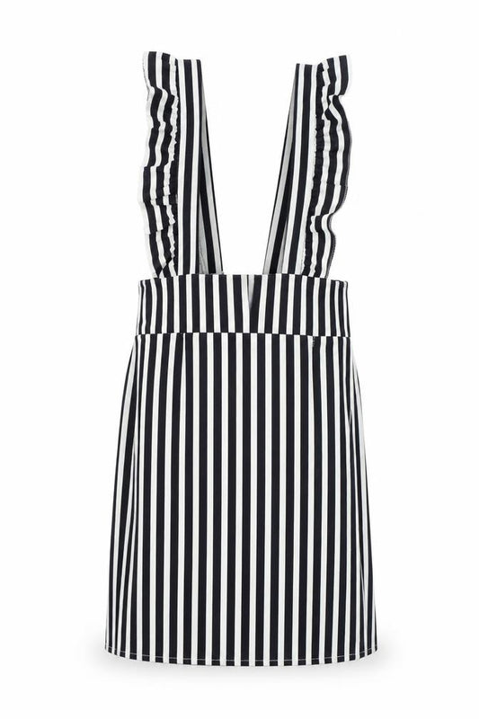 Front view of women’s blue striped a-line, size S, - frill detail
