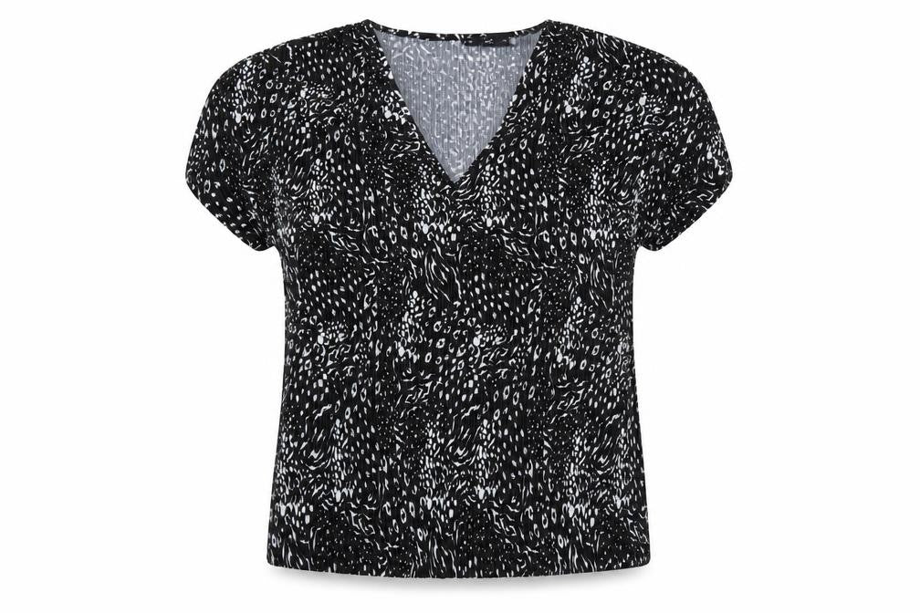 Front view of F&F women’s black animal print basic blouse, size UK 10, - leopard print
