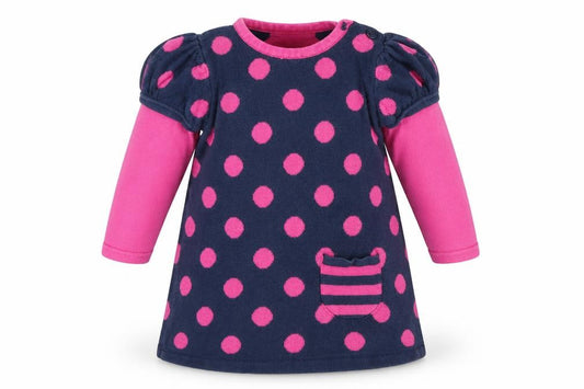 Front view of George girls’ blue polka dot jumper dress, size 3-6, months - pink