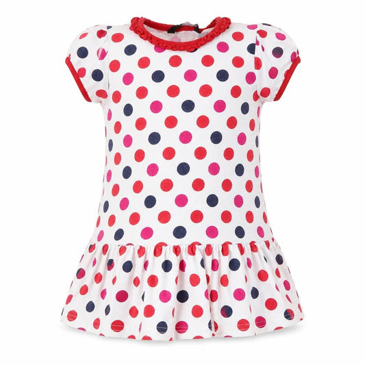 Front view of George girls’ red polka dot skater dress, size 18-24, months - blue