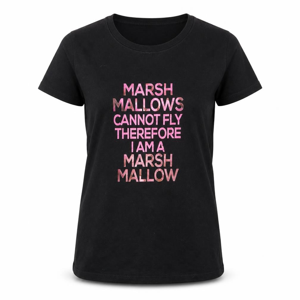 Hanes Womens Black   Basic T-Shirt Size S  - Marshmallows Can Not Fly Therefore I am a Marshmallow
