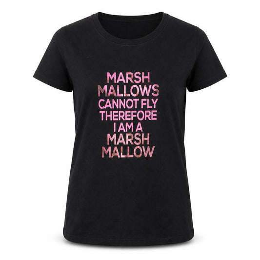 Front view of Hanes women’s black basic t-shirt, size S, - marshmallows can not fly therefore i am a marshmallow