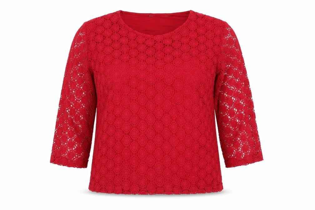 Front view of EWM women’s red henley jumper, size L