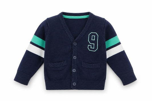Front view of Early Days boys’ blue knit cardigan jumper, size 6-9, months