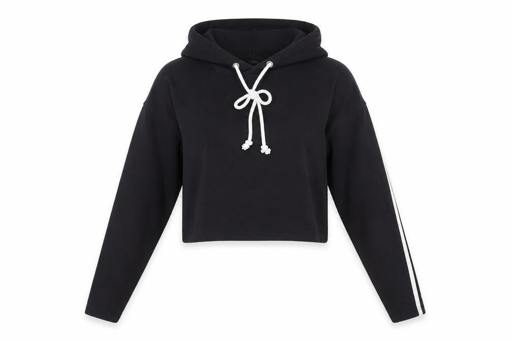 Front view of Missguided women’s black pullover hoodie, size UK 14, - cropped
