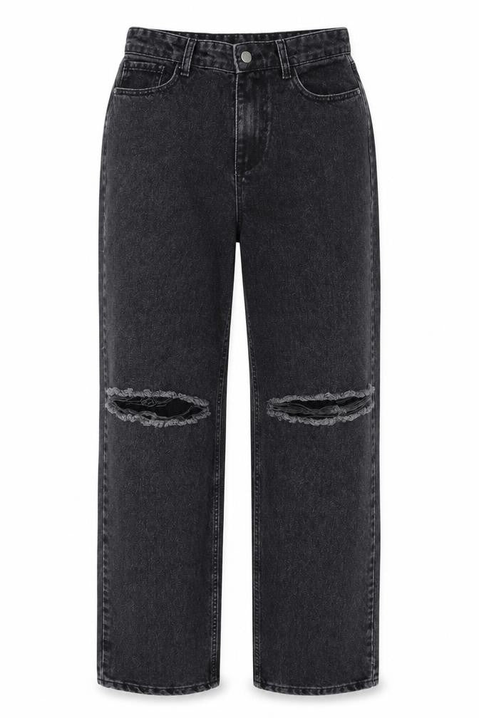 Front view of women’s black straight jeans, size UK 10, 30-inch leg