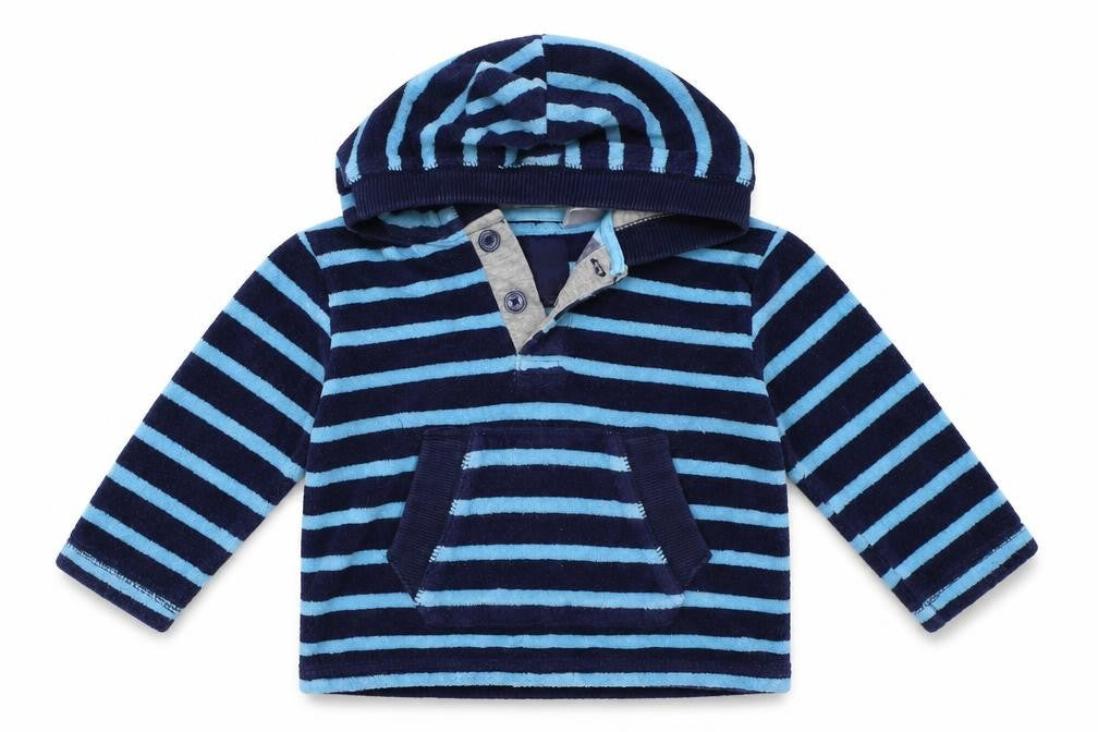 Front view of Gap boys’ blue striped jacket coat, size 6-9, months