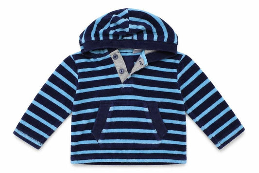 Front view of Gap boys’ blue striped jacket coat, size 6-9, months