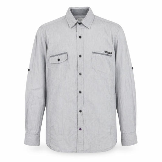 Front view of Crafted men’s grey striped button-up, size M
