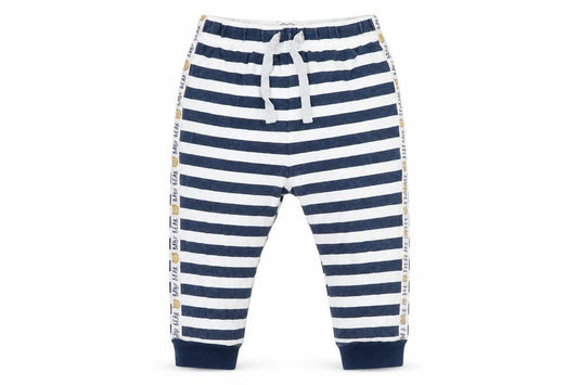 Front view of studio baby boys’ blue striped jersey cami pyjama pants, size 12-18, months - bear