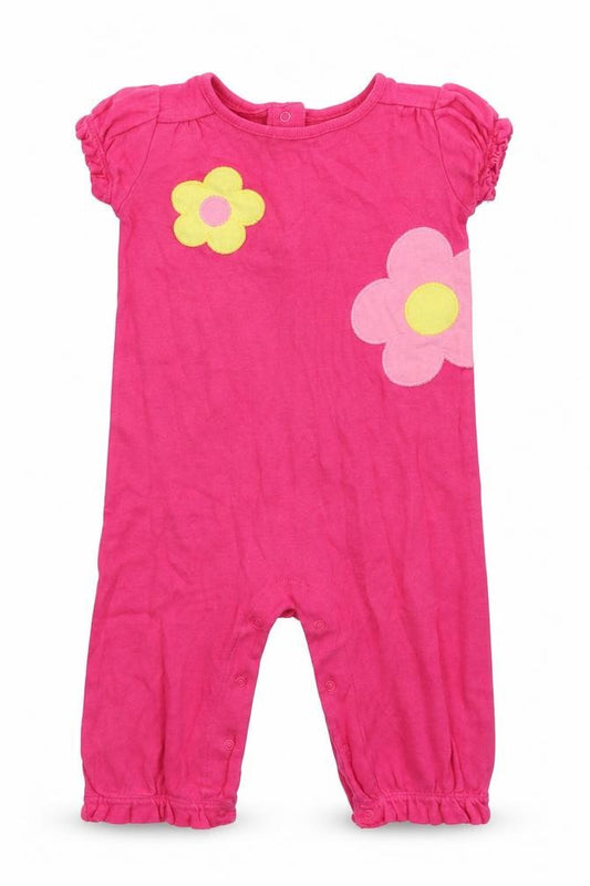 Front view of Gymboree girls’ pink floral babygrow one-piece, size 9-12, months