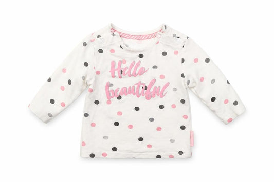 Front view of Quapi girls’ white polka dot jumper, size 0-3, months - hello beautiful