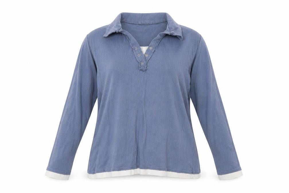 Front view of Cherokee women’s blue henley sweatshirt, size UK 16