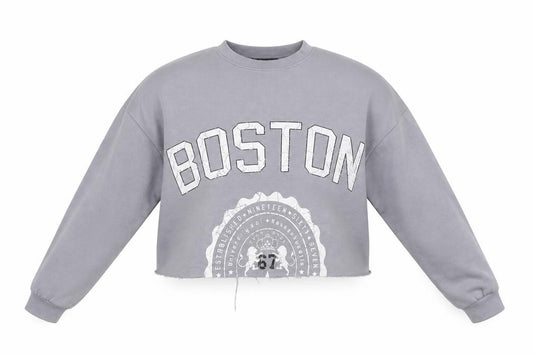 Front view of New Look girls’ grey pullover hoodie, size 13, years - croped boston