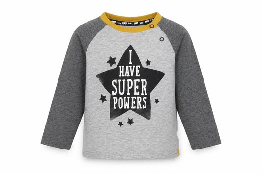 Front view of Tu Baby Grey jumper, size 6-9, Months - I have super powers