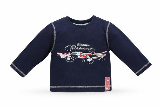 Front view of Morrys Mouse boys’ blue jumper, size 3-6, months - aeroplanes