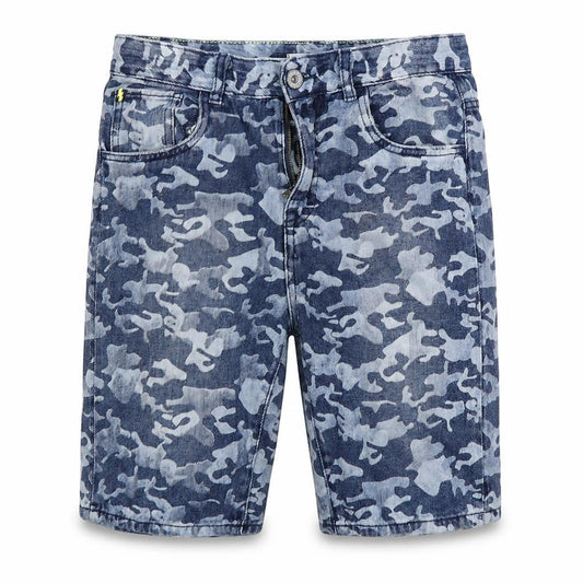 Front view of Preworn girls’ blue camouflage biker shorts, size 13, years