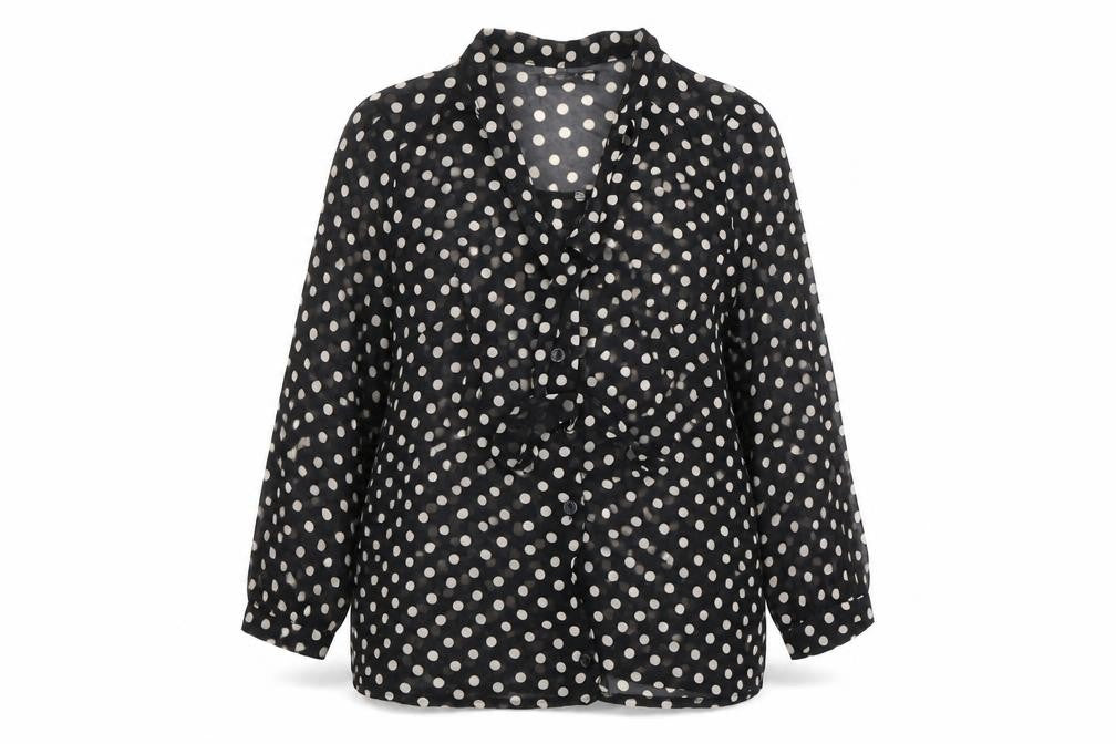 Front view of Atmosphere women’s black polka dot basic blouse, size UK 10