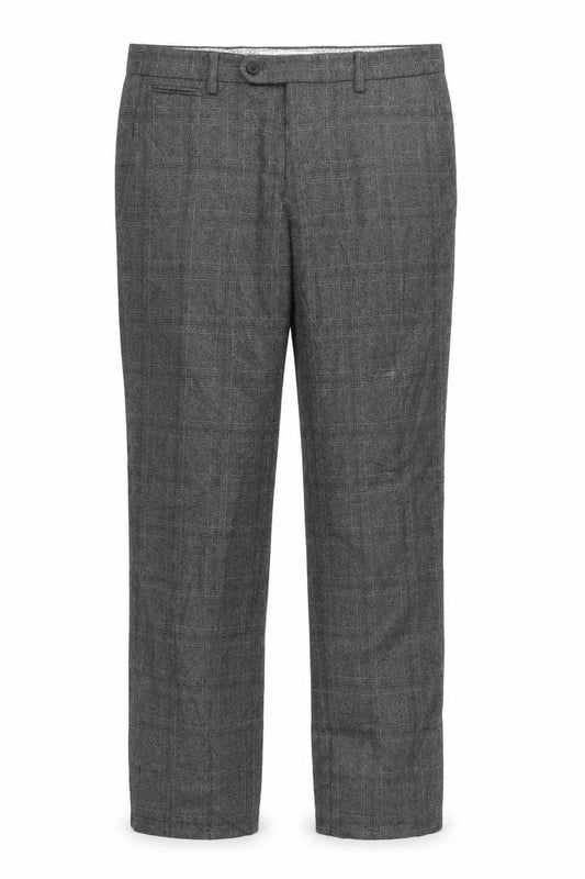 Front view of Next men’s grey plaid trousers, size 28, 27-inch leg
