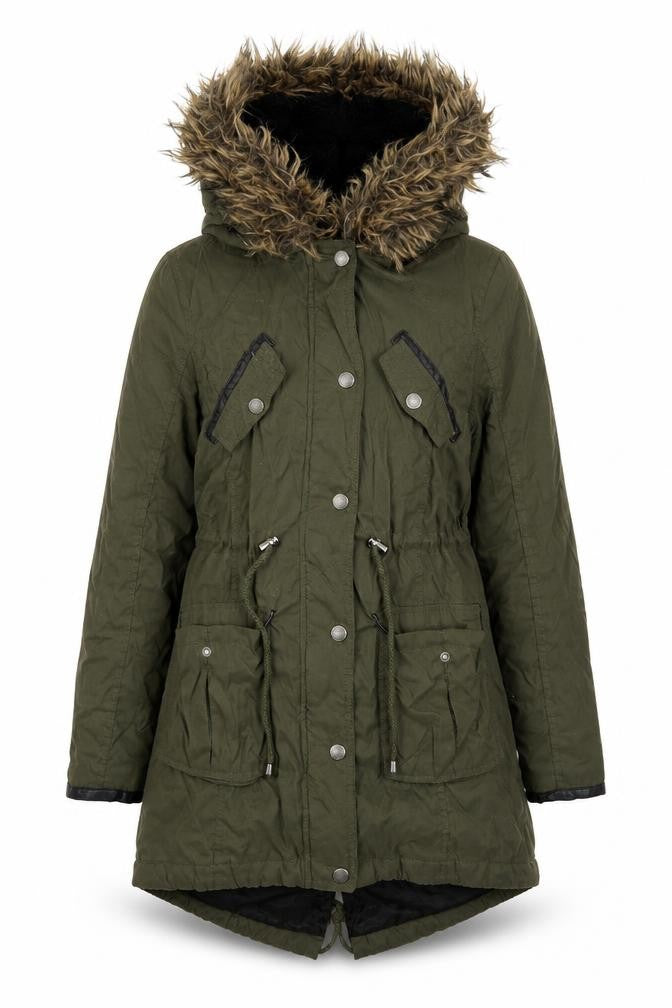 Front view of Atmosphere women’s green parka coat, size UK 6