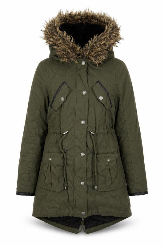 Front view of Atmosphere women’s green parka coat, size UK 6