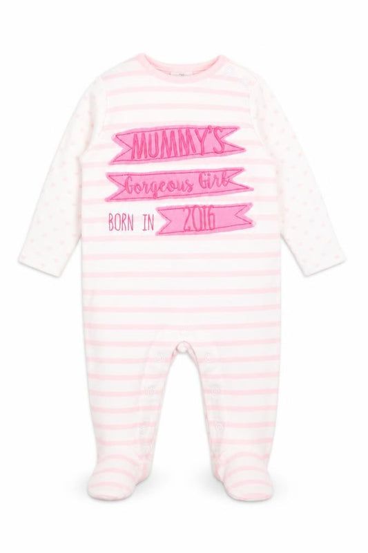 Front view of F&F girls’ pink striped babygrow one-piece, size 0-3, months