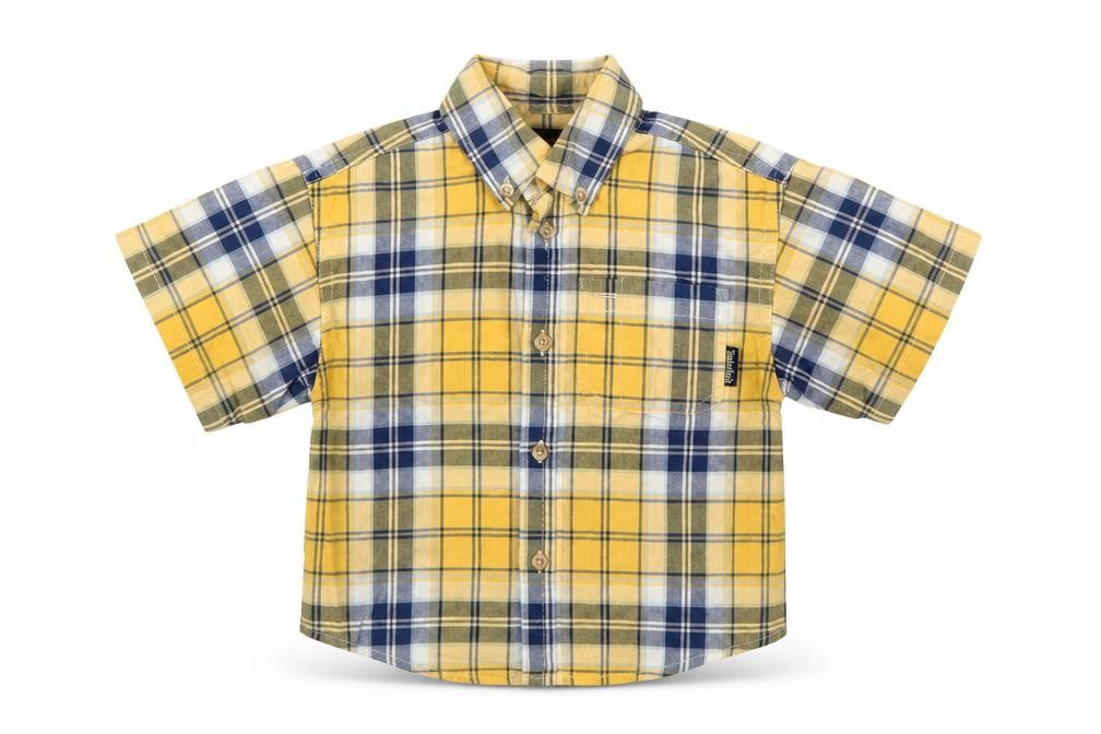 Front view of Timberland boys’ yellow plaid basic button-up, size 18-24, months