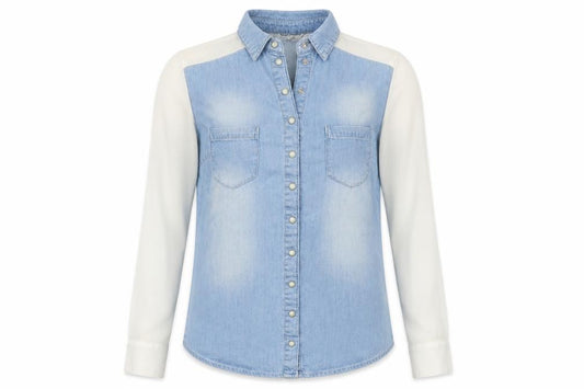 Front view of miss denim women’s blue denim basic button-up, size UK 8