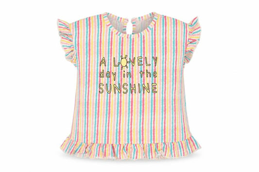 Front view of Mini Club girls’ yellow striped basic t-shirt, size 12-18, months