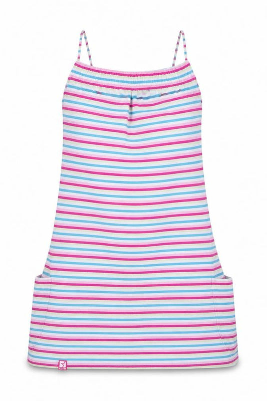 Front view of cltn women’s pink striped a-line, size UK 12, - elastic chest