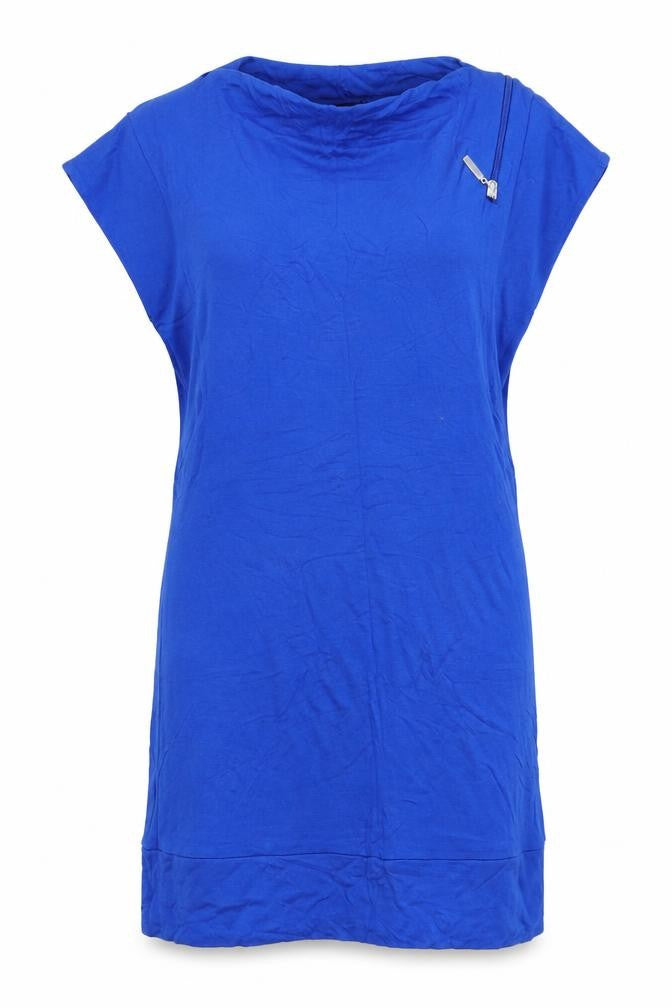 Front view of TG women’s blue shift, size UK 12, - zip shoulder