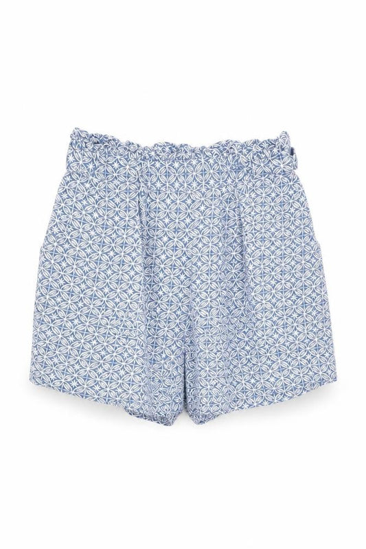 Front view of Primark women’s blue geometric boyfriend shorts, size UK 6