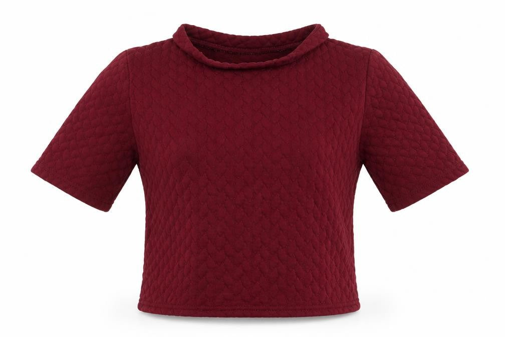 Front view of blonde women’s red basic t-shirt, size UK 8